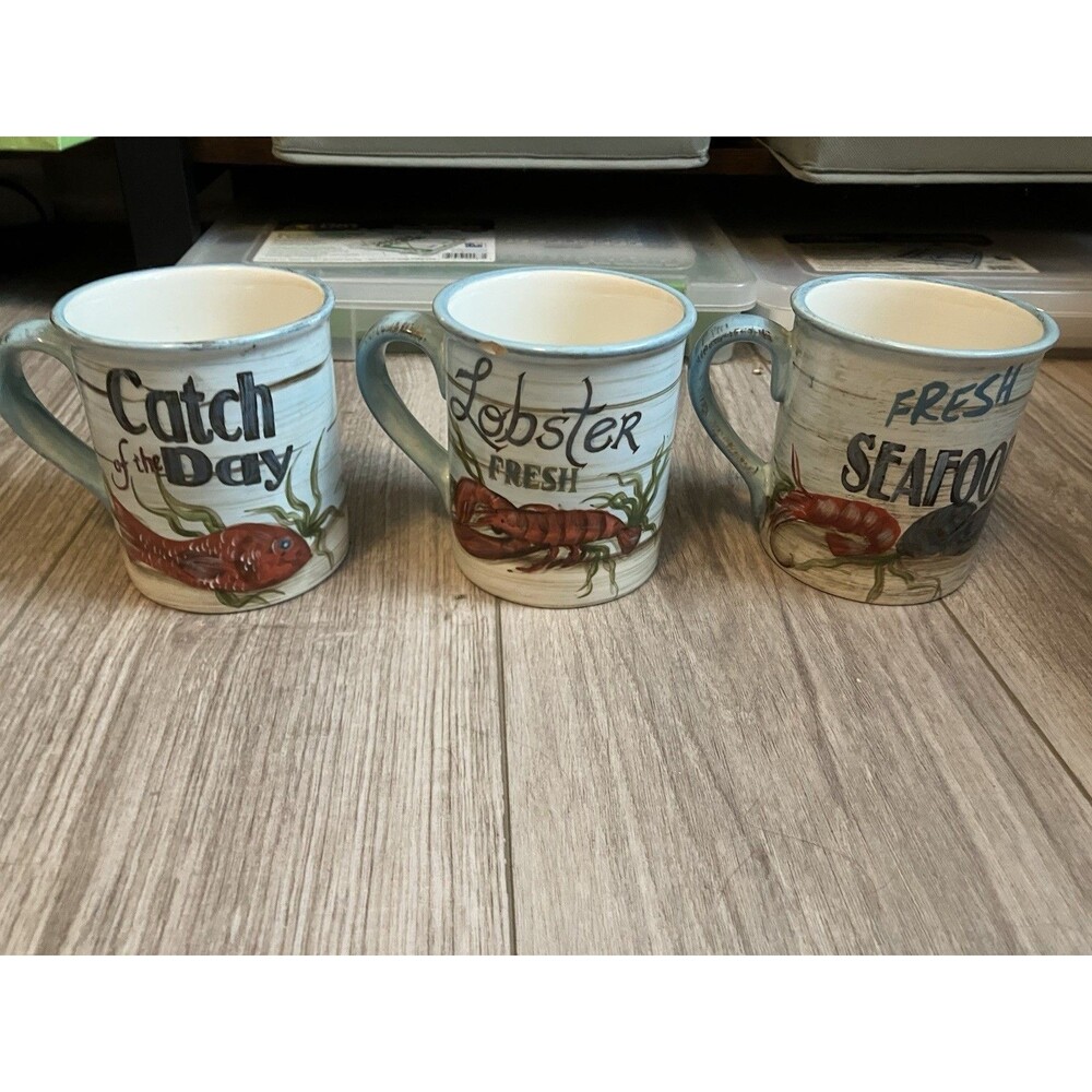 Coastal Mugs Kate McRostie Certified international Lobster Seafood Lot of 3 Blue